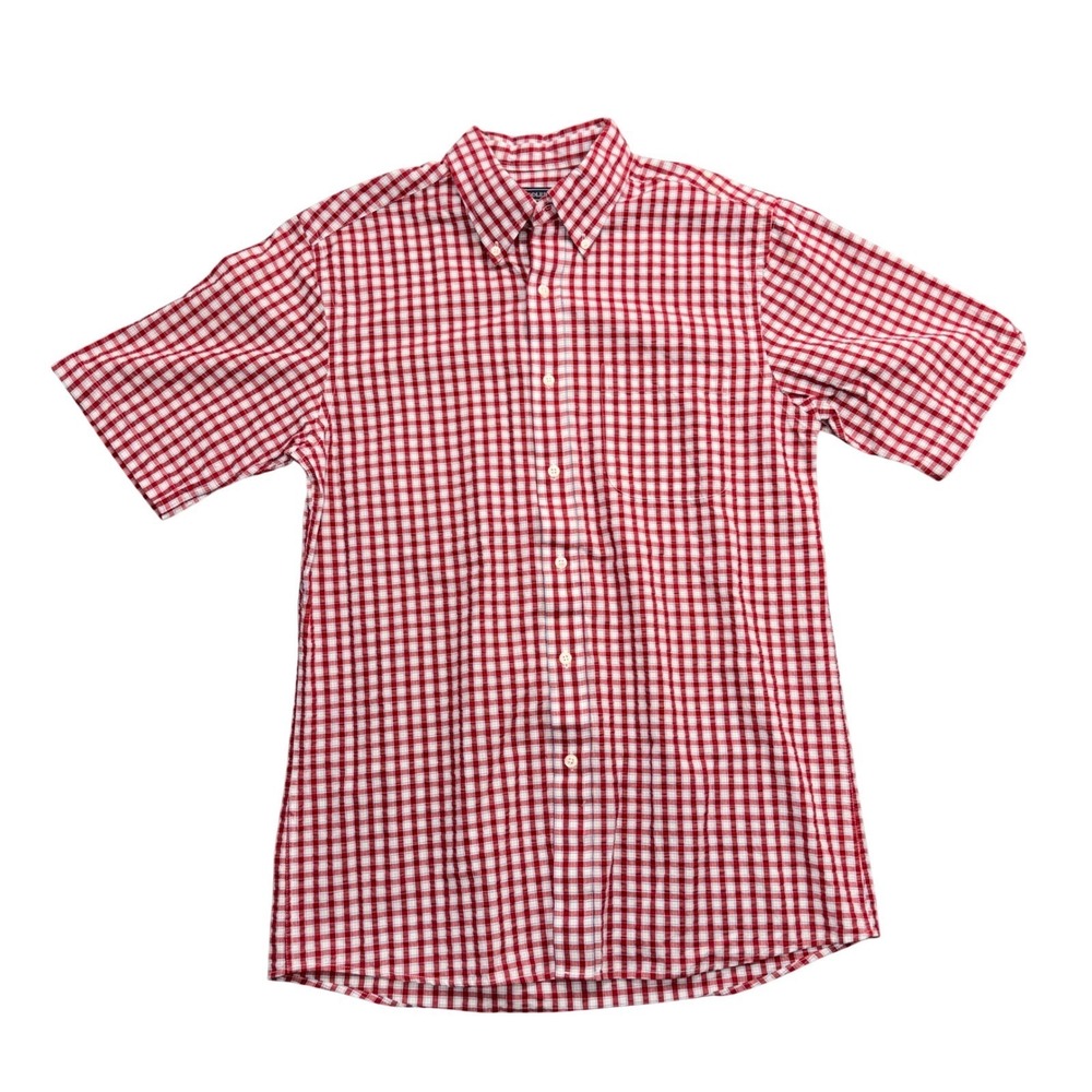 Lands End Mens Medium Red White Short Sleeve Button Down Shirt